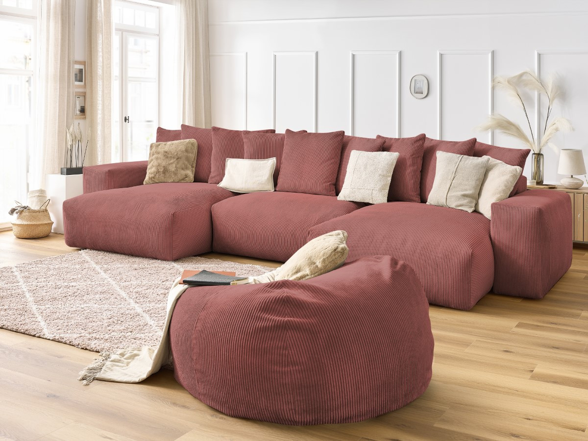 Bobochic Voltaire Wohnlandschaft mit Pouf 420 × 174 cm Cordsamt Rosa