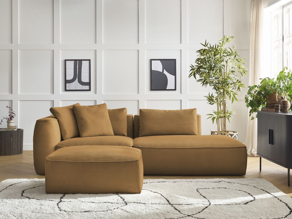 Bobochic Leopold Sofa 4-Sitzer mit Pouf Cordsamt Gelb Armlehne links