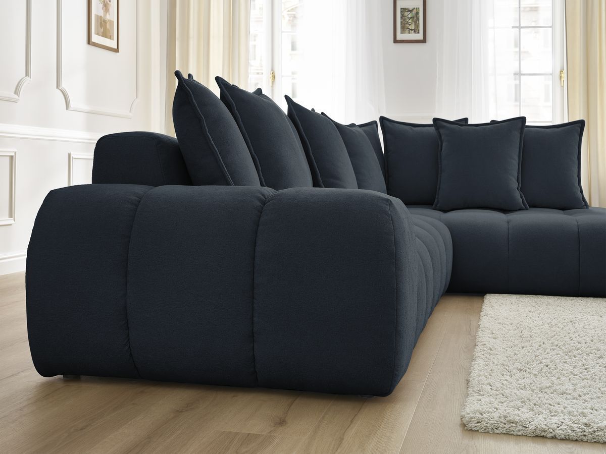 Bobochic Everest Ecksofa, 10 Kissen Strukturstoff Dunkelblau Ecke rechts