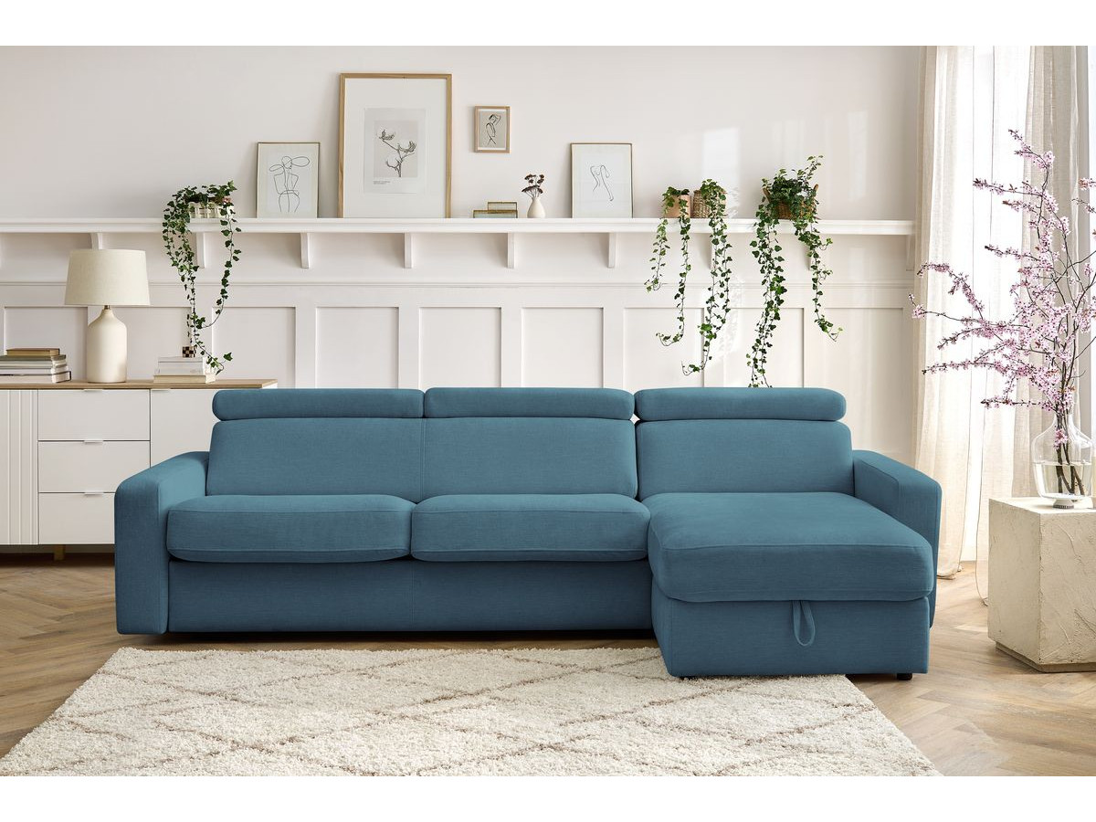Bobochic Monaco Ecksofa mit Schlaffunktion und Bettkasten Stoff Hellblau, Liegefläche 160 × 190 cm