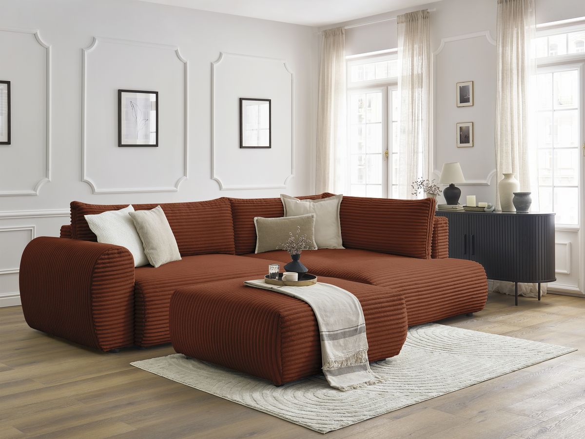 Bobochic Lucien Ecksofa mit Schlaffunktion und Bettkasten und Pouf 296 × 198 cm Breitcord weich Orange Ecke rechts