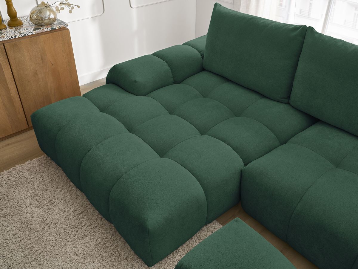Bobochic Everest Ecksofa mit Schlaffunktion und Bettkasten und Pouf 318 × 180 cm, 3 Kissen Strukturstoff Grün Ecke links