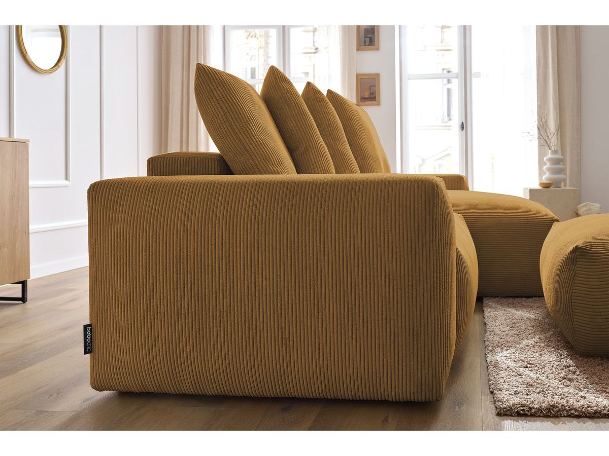 Bobochic Voltaire Ecksofa mit Schlaffunktion und Bettkasten und Pouf Cordsamt Gelb
