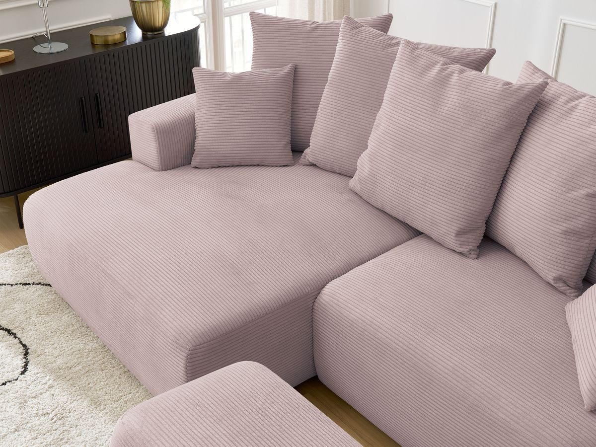 Bobochic Atilla Ecksofa mit Schlaffunktion und Bettkasten und Pouf Cordsamt Violett Ecke links