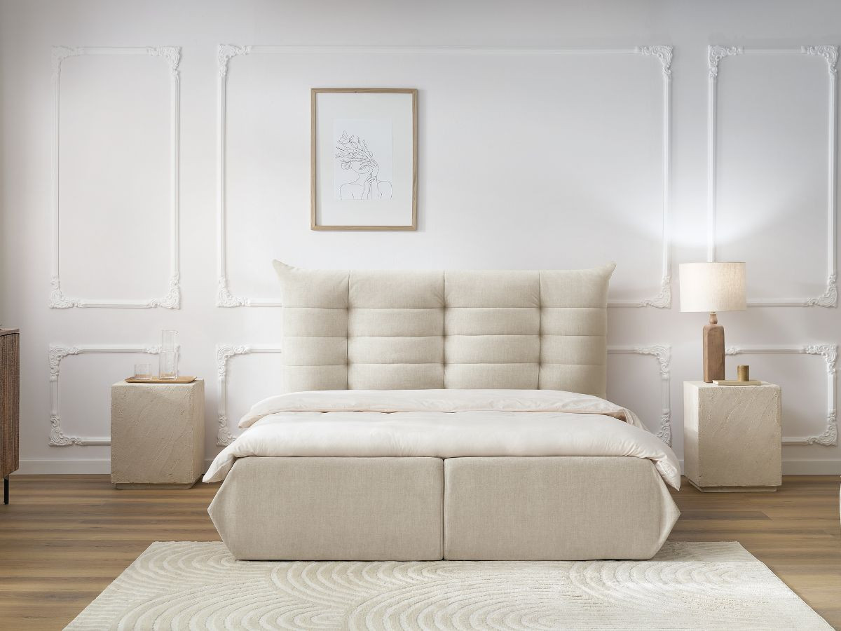 Bobochic Clothilde Polsterbett mit Bettkasten Samt Beige, Liegefläche 140 × 190 cm
