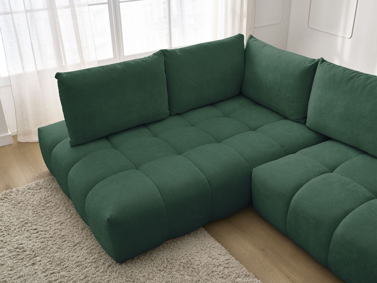 Bobochic Everest Ecksofa mit Schlaffunktion und Bettkasten 320 × 212 cm, 5 Kissen Strukturstoff Grün Ecke links