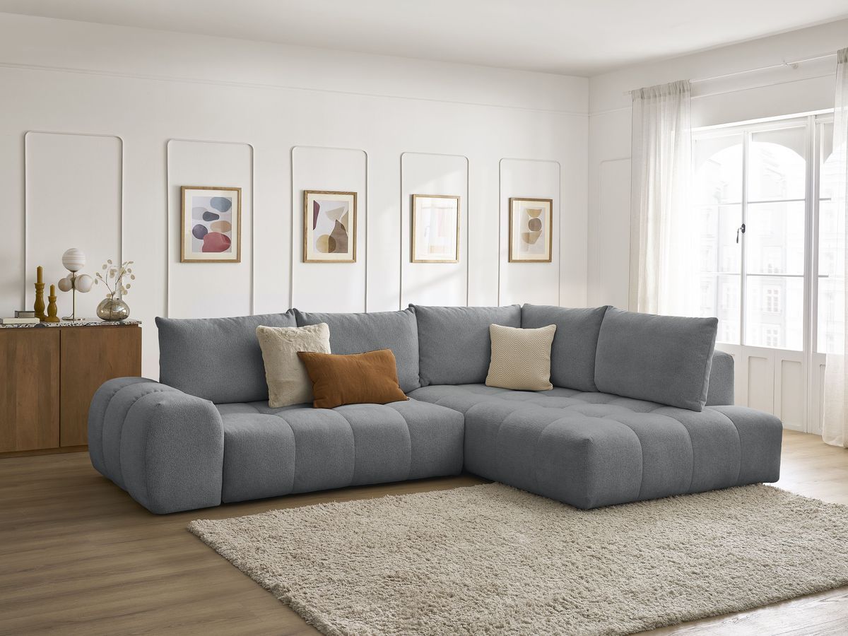 Bobochic Everest Ecksofa mit Schlaffunktion und Bettkasten 320 × 212 cm, 5 Kissen Melange-Stoff Dunkelgrau Ecke rechts