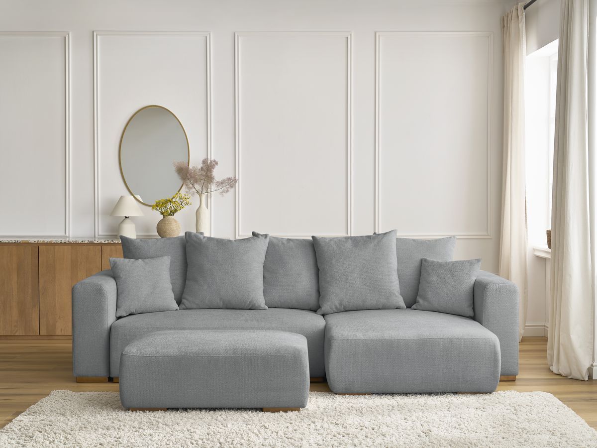 Bobochic Sidonie Ecksofa mit Schlaffunktion und Bettkasten und Pouf Melange-Stoff Dunkelgrau
