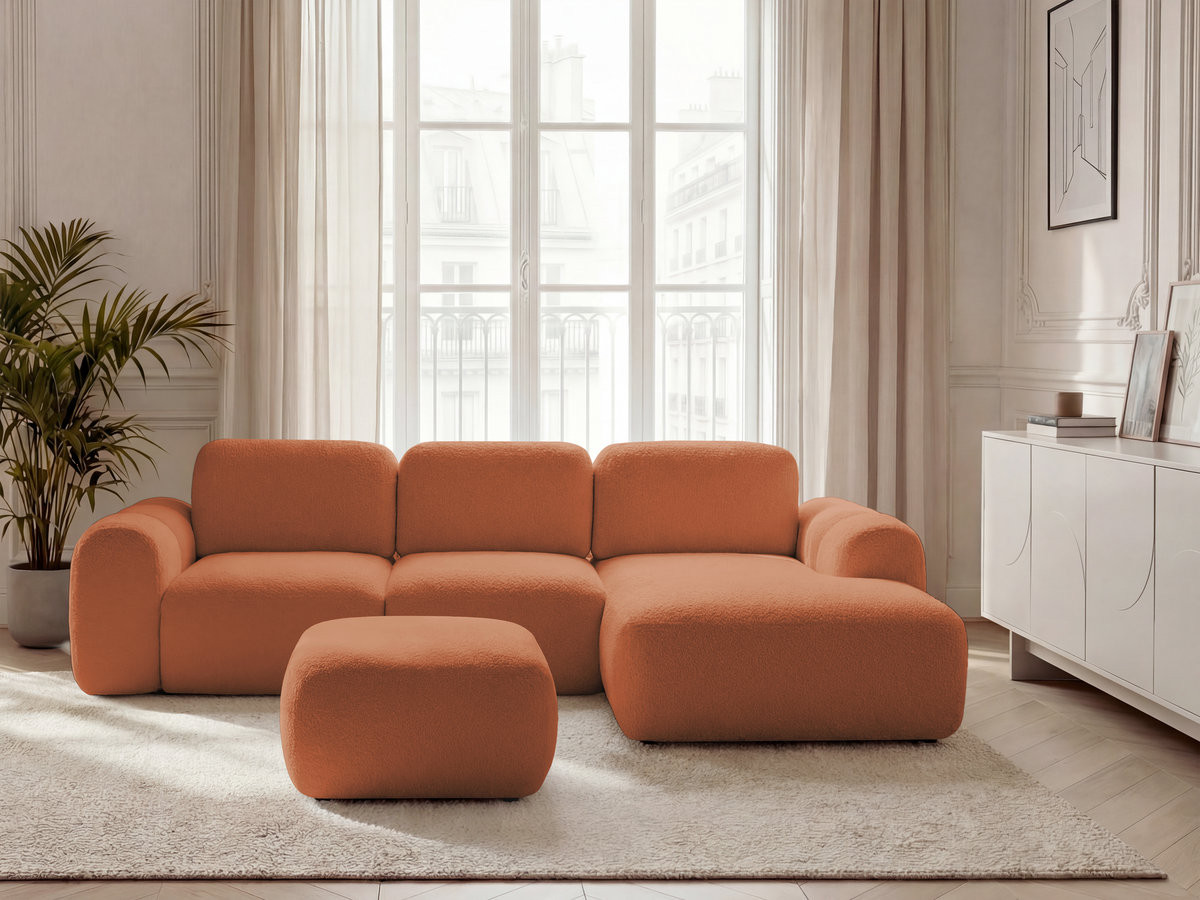 Bobochic Montaigne Ecksofa mit Schlaffunktion und Bettkasten und Pouf 276 × 164 cm Bouclé-Stoff Orange Ecke rechts