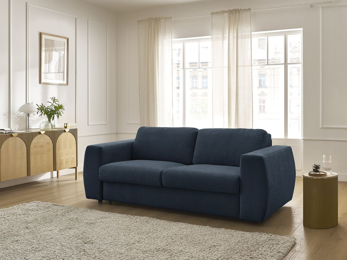 Bobochic Hugo Schlafsofa 3-Sitzer Strukturstoff Dunkelblau, Liegefläche 140 × 190 cm