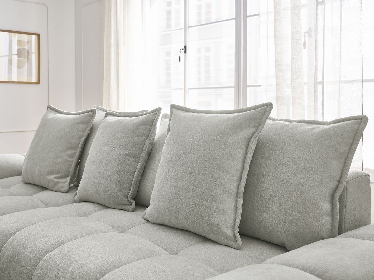 Bobochic Everest Ecksofa mit Schlaffunktion und Bettkasten und Pouf 318 × 180 cm, 7 Kissen Strukturstoff Hellgrau Ecke links