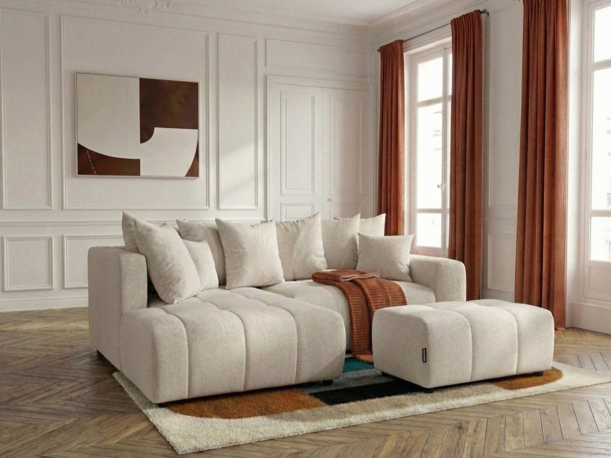 Bobochic Roxelane Ecksofa mit Schlaffunktion und Bettkasten und Pouf Melange-Stoff Beige Ecke links