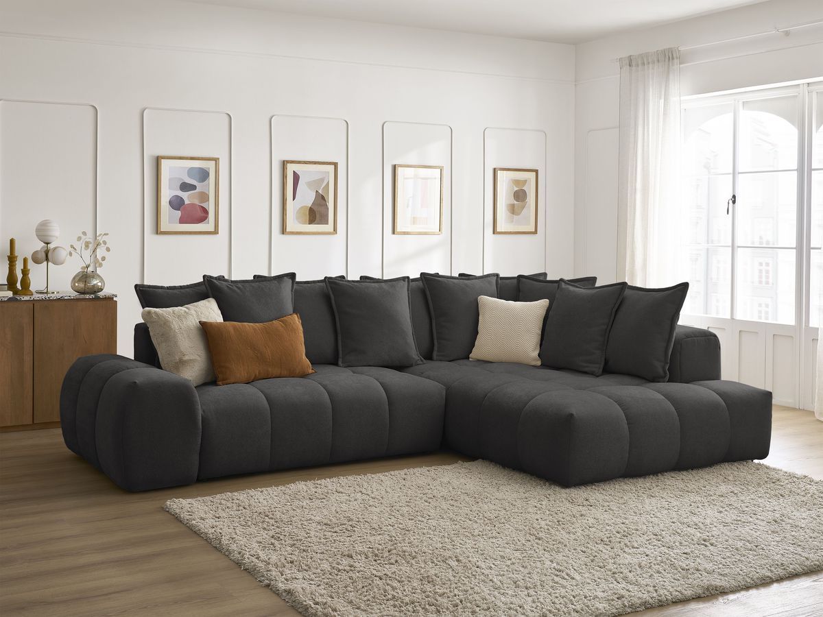 Bobochic Everest Ecksofa mit Schlaffunktion und Bettkasten 320 × 212 cm, 10 Kissen Strukturstoff Schwarz Ecke rechts