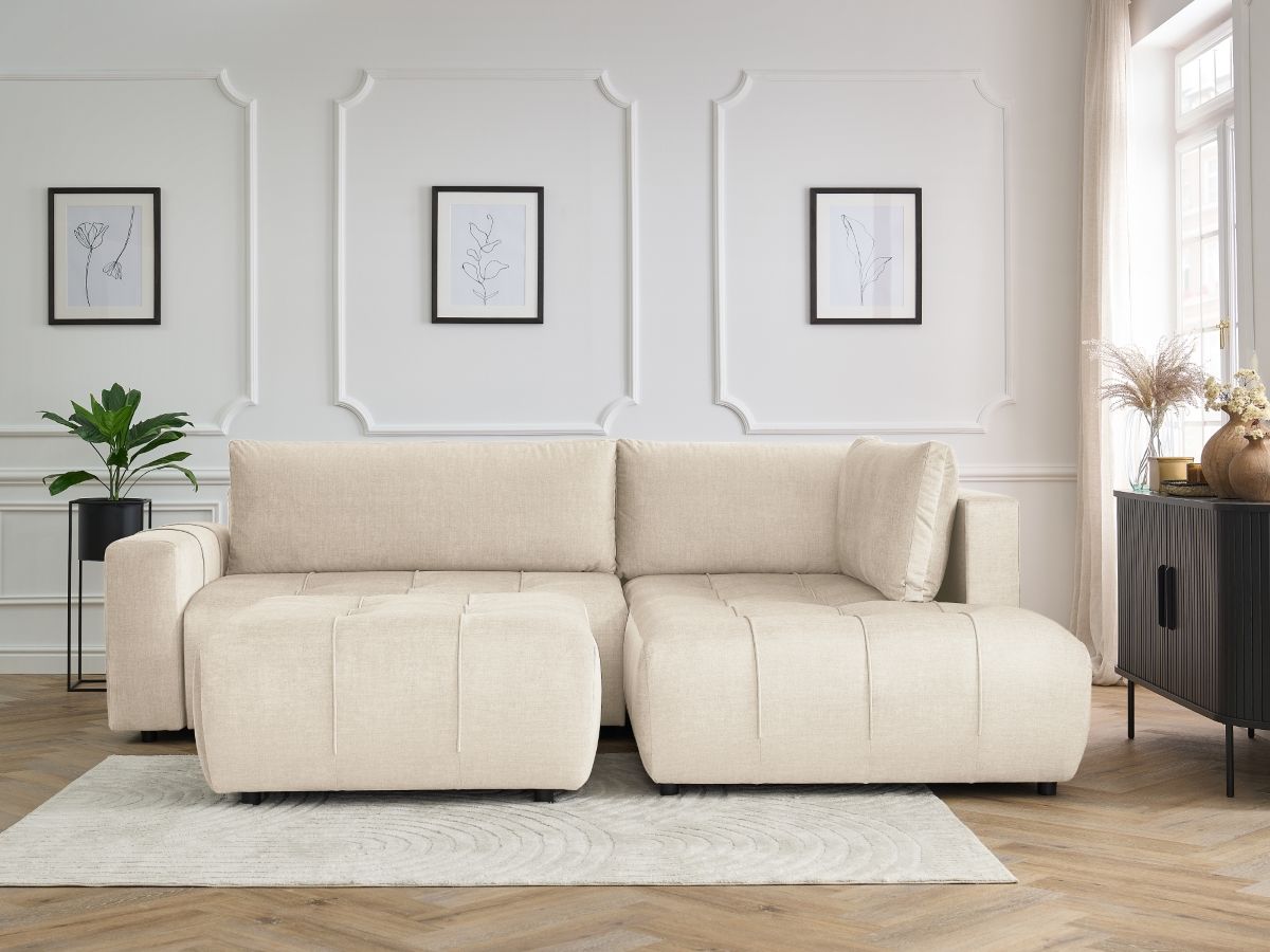 Bobochic Arsene Ecksofa mit Schlaffunktion und Bettkasten und Pouf 277 × 200 cm Samt Beige Ecke rechts