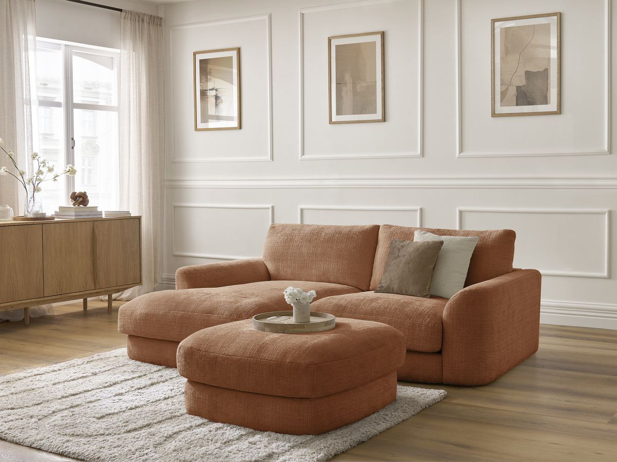 Bobochic Leonore Ecksofa mit Pouf Strukturstoff Orange Ecke links