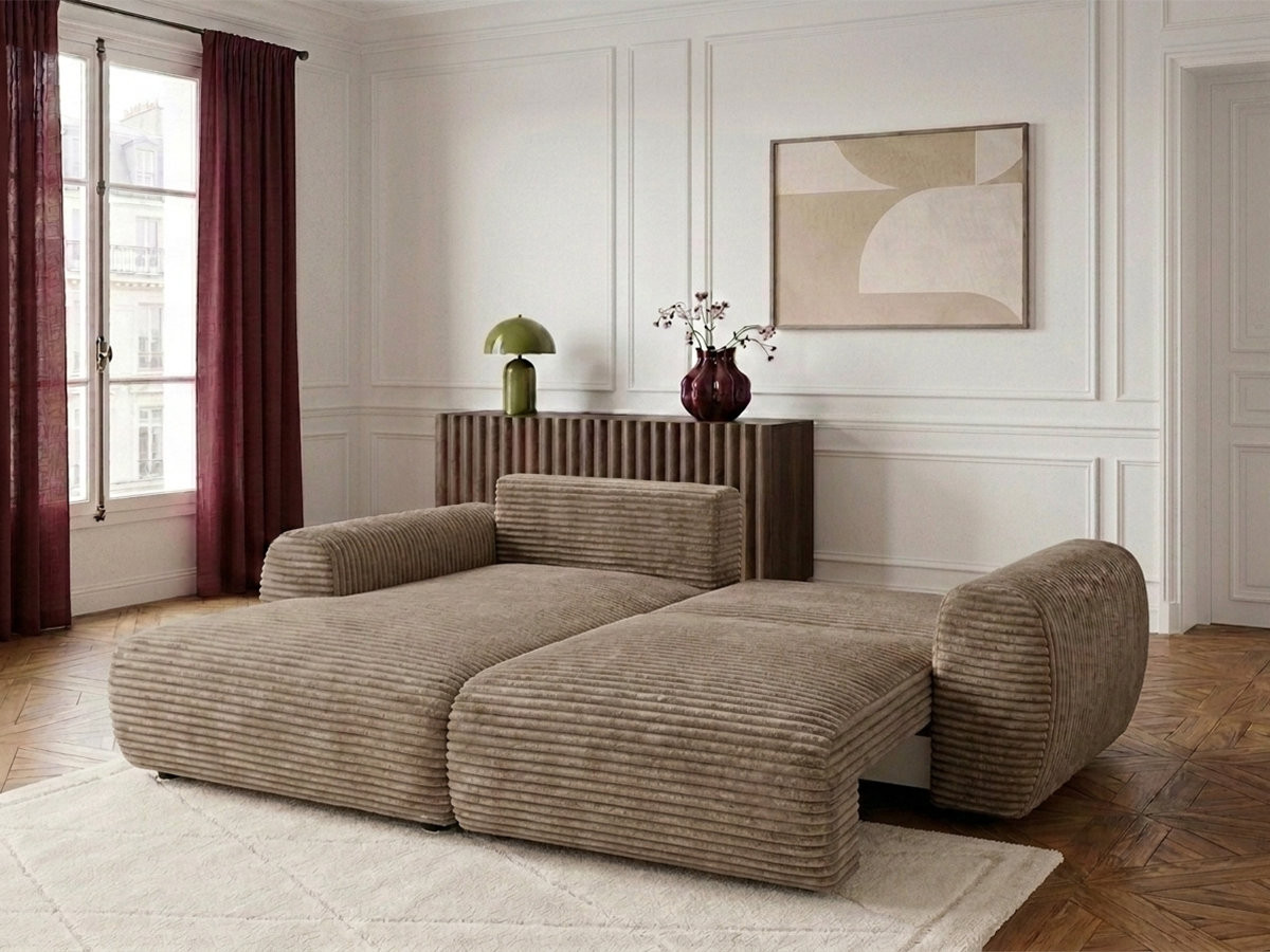 Bobochic Lucien Ecksofa mit Schlaffunktion und Bettkasten Breitcord weich Taupe Ecke links