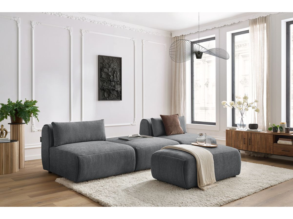 Bobochic Jeanne Sofa 4-Sitzer mit Pouf Strukturstoff Dunkelgrau