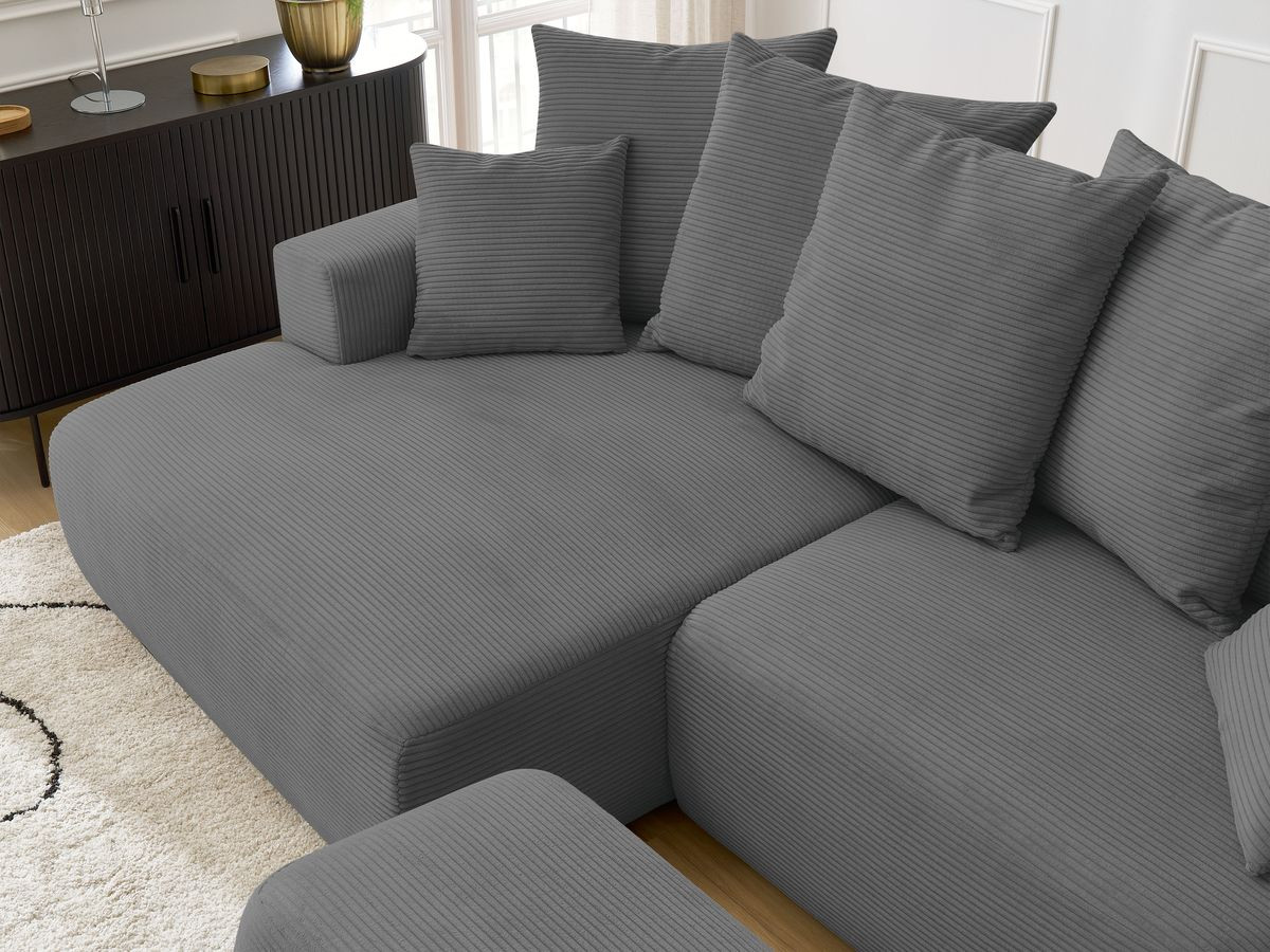 Bobochic Atilla Ecksofa mit Schlaffunktion und Bettkasten und Pouf Cordsamt Dunkelgrau Ecke links