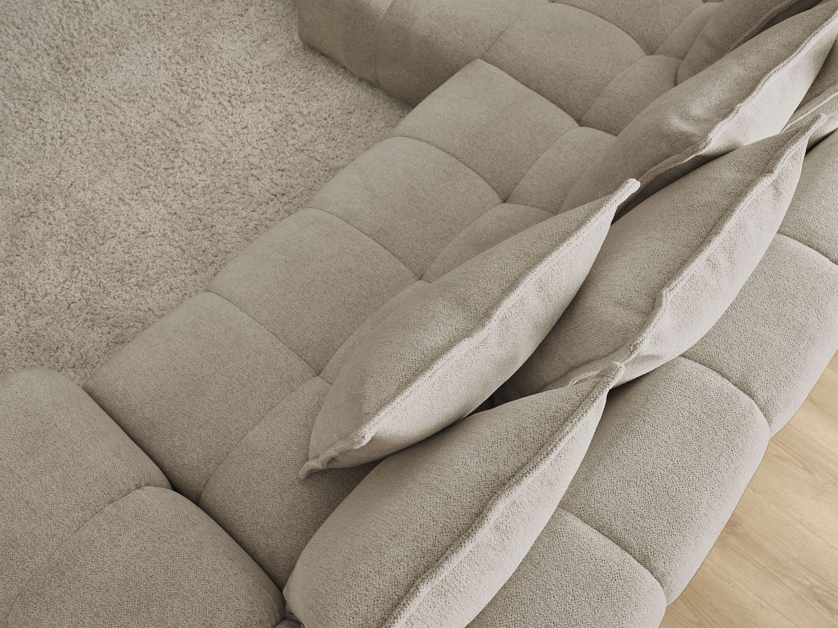 Bobochic Everest Ecksofa mit Schlaffunktion und Bettkasten 318 × 180 cm, 7 Kissen Melange-Stoff Taupe Ecke links