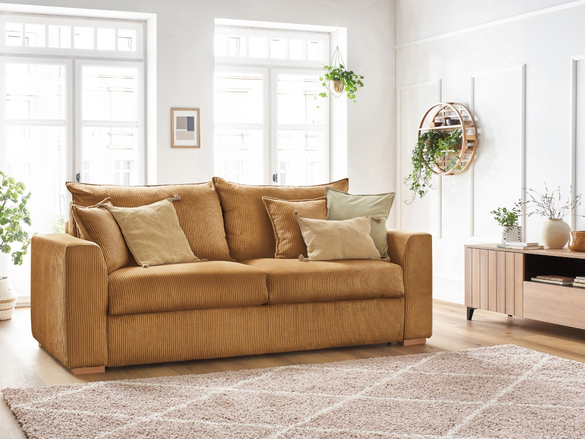 Bobochic Augustin Schlafsofa 3-Sitzer Cordsamt Gelb, Liegefläche 140 × 200 cm