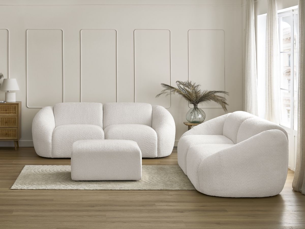 Bobochic Tina Sofa 6-Sitzer mit Pouf Bouclé-Stoff Weiß