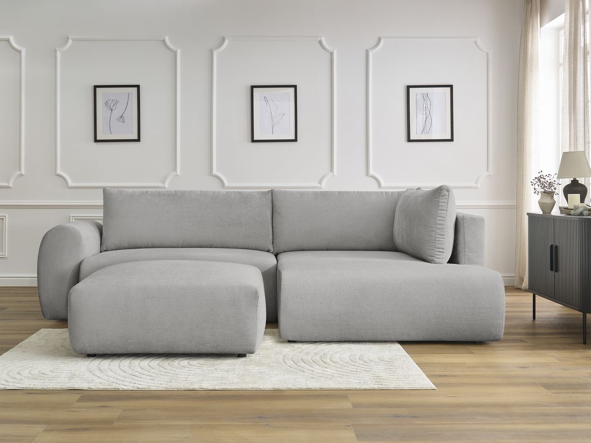 Bobochic Lucien Ecksofa mit Schlaffunktion und Bettkasten und Pouf 296 × 198 cm Stoff Hellgrau Ecke rechts