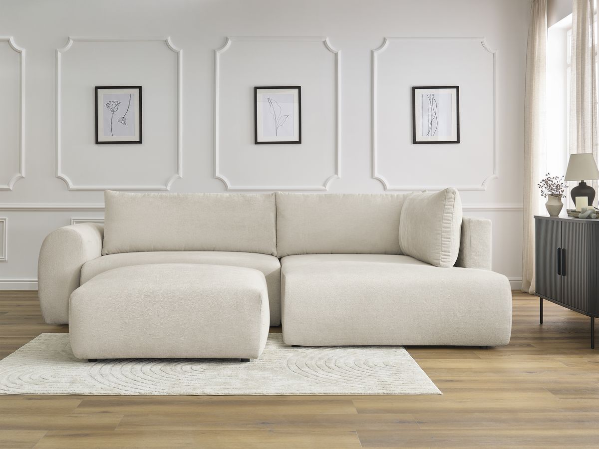 Bobochic Lucien Ecksofa mit Schlaffunktion und Bettkasten und Pouf 296 × 198 cm Stoff Beige Ecke rechts