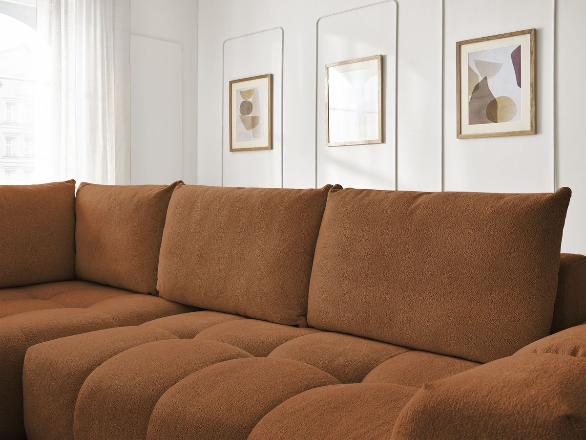 Bobochic Everest Ecksofa mit Schlaffunktion und Bettkasten 320 × 212 cm, 5 Kissen Melange-Stoff Orange Ecke links