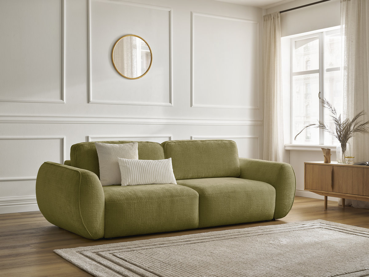 Bobochic Denise Schlafsofa 3-Sitzer mit Bettkasten Strukturstoff Grün