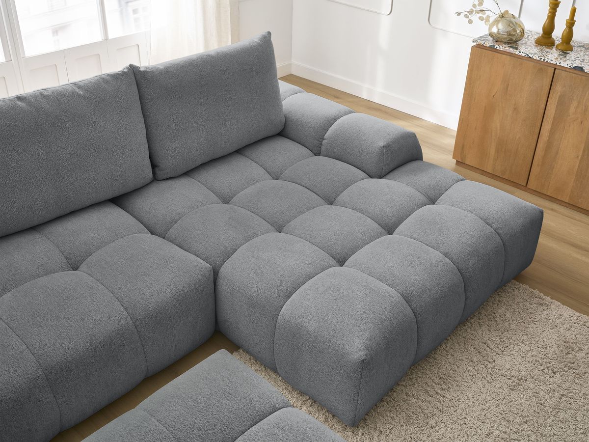 Bobochic Everest Ecksofa mit Schlaffunktion und Bettkasten und Pouf 318 × 180 cm, 3 Kissen Melange-Stoff Dunkelgrau Ecke rechts