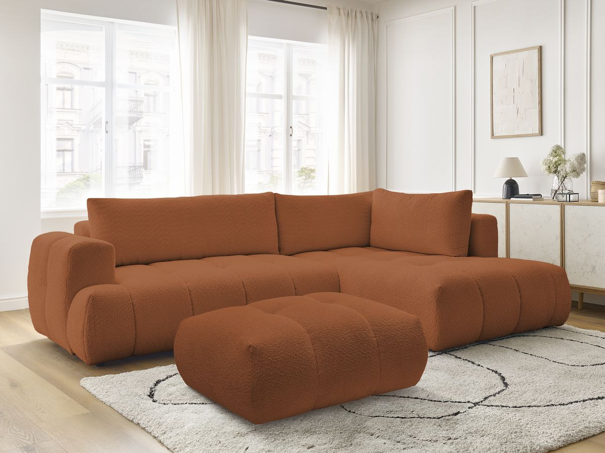 Bobochic Fuji Ecksofa mit Schlaffunktion und Bettkasten und Pouf 282 × 204 cm Bouclé-Stoff Orange Ecke rechts