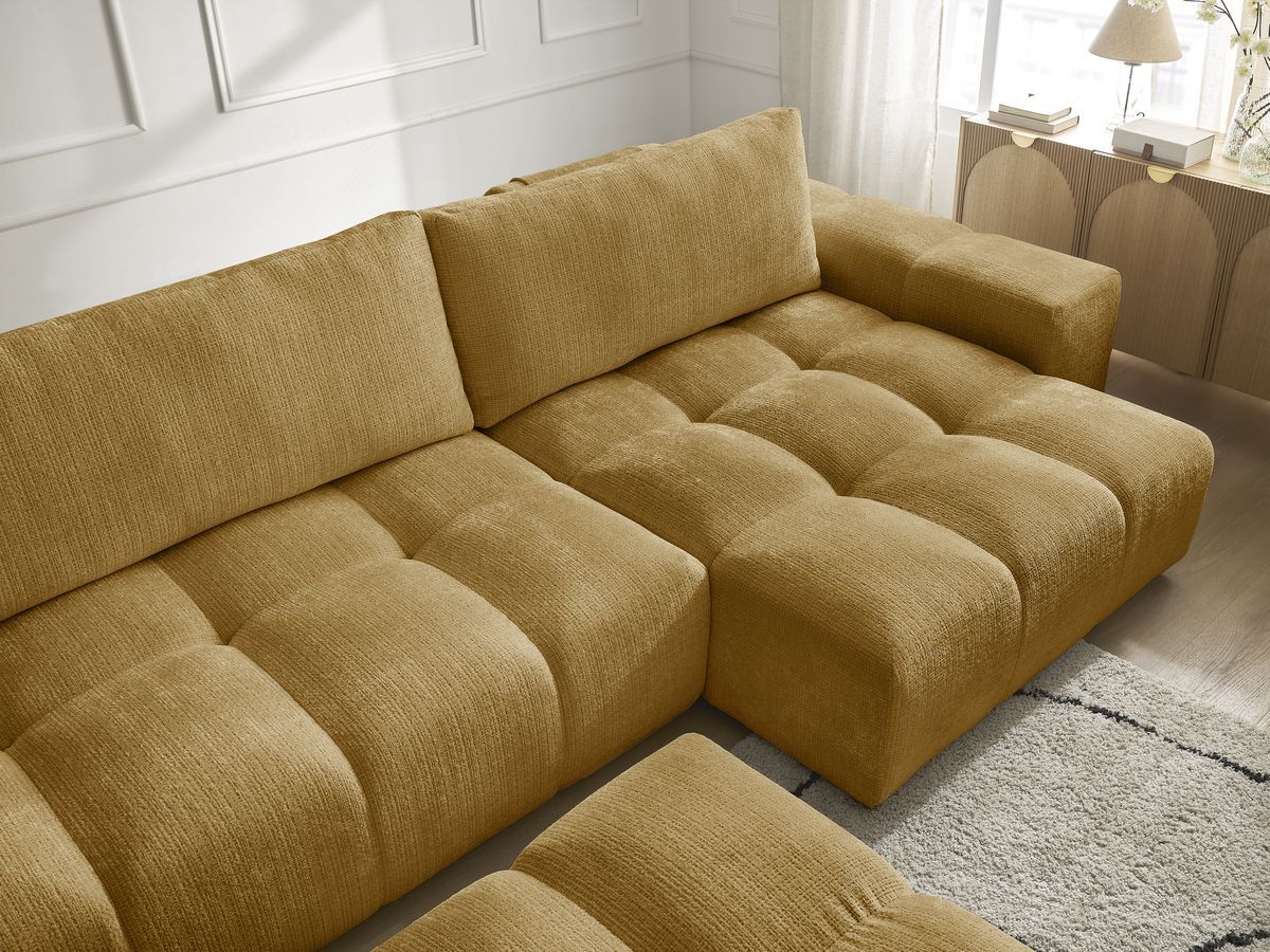Bobochic Anakin Wohnlandschaft mit Pouf, Liegefläche 137 × 382 cm, 3 Kissen Strukturstoff Gelb