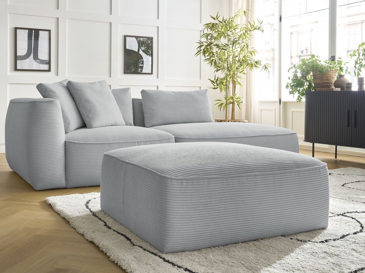 Bobochic Leopold Sofa 4-Sitzer mit Pouf Cordsamt Hellgrau Armlehne links
