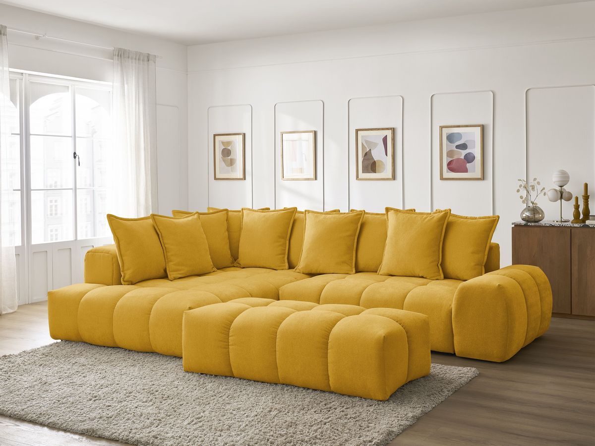 Bobochic Everest Ecksofa mit Schlaffunktion und Bettkasten und Pouf 320 × 212 cm, 10 Kissen Strukturstoff Gelb Ecke links