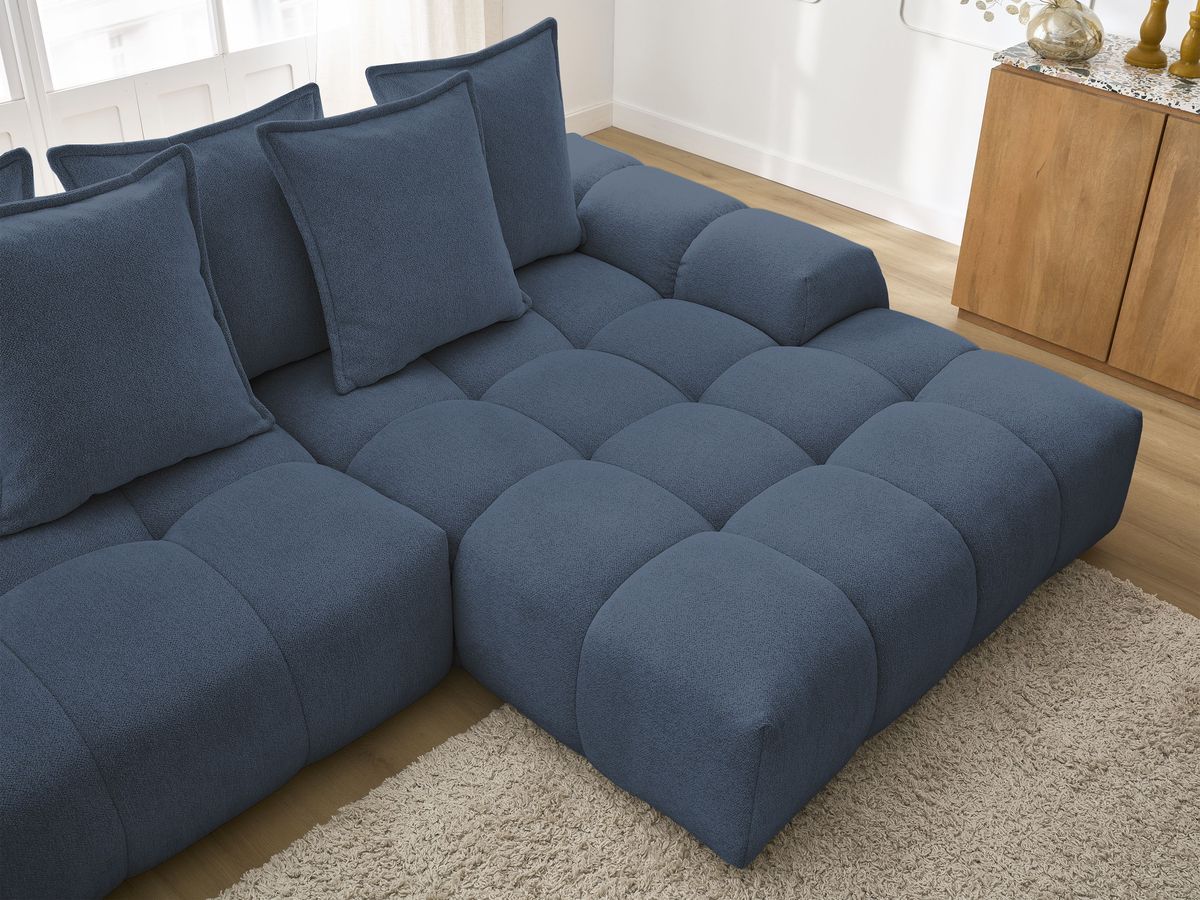 Bobochic Everest Ecksofa mit Schlaffunktion und Bettkasten 318 × 180 cm, 7 Kissen Melange-Stoff Dunkelblau Ecke rechts
