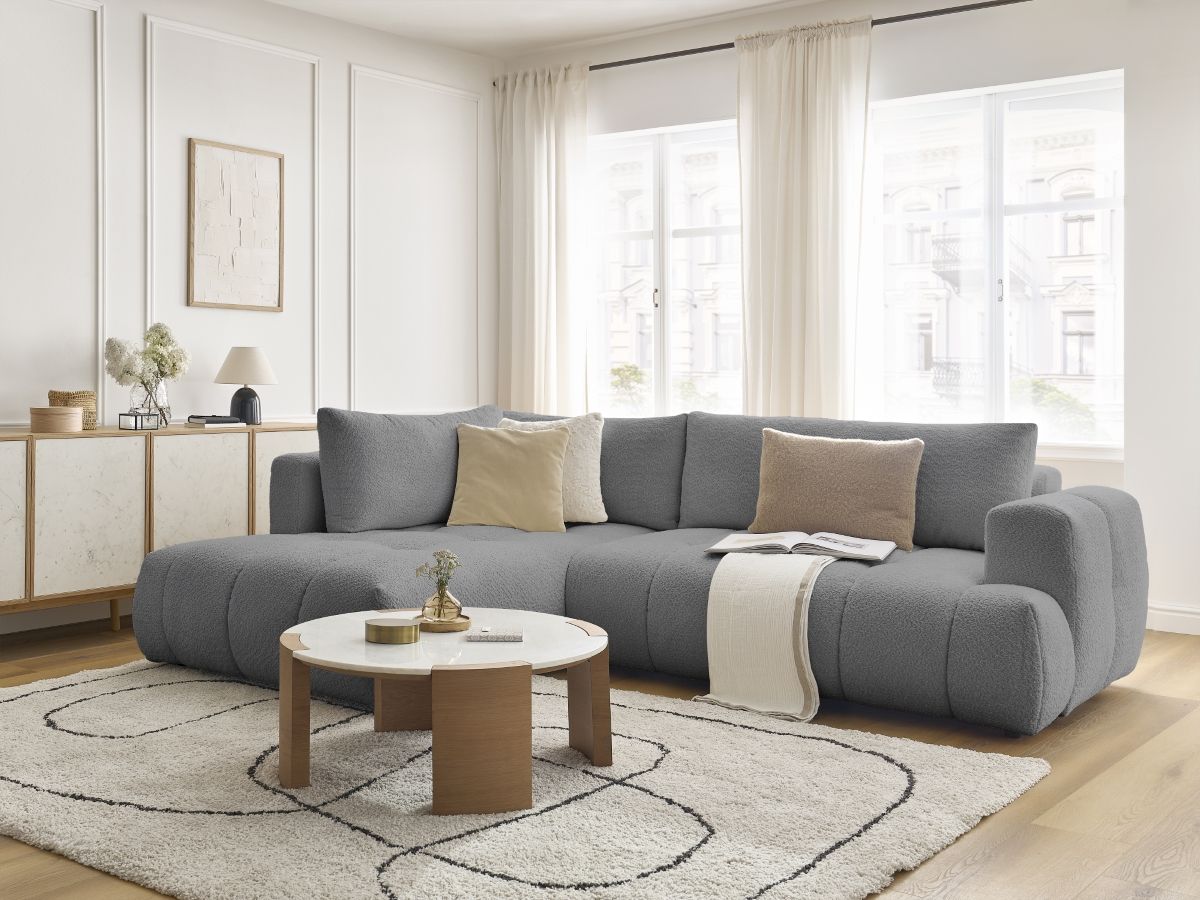 Bobochic Fuji Ecksofa mit Schlaffunktion und Bettkasten 282 × 204 cm Bouclé-Stoff Dunkelgrau Ecke links