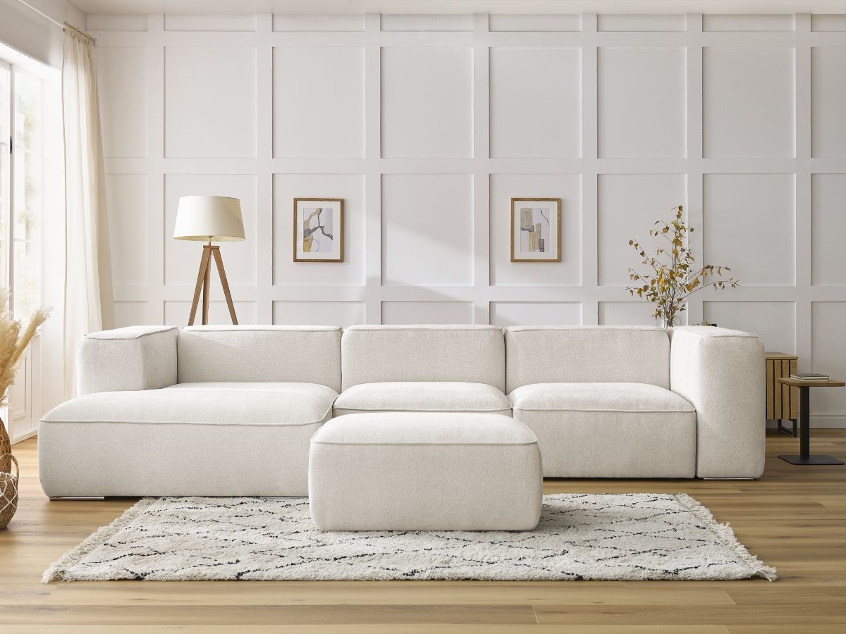 Bobochic Zephyr Ecksofa mit Pouf 349 × 165 cm Strukturstoff Weiß Ecke links