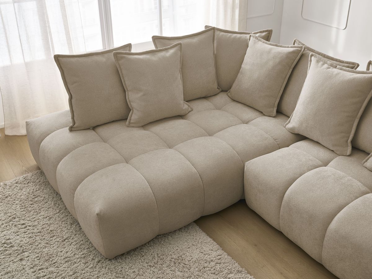 Bobochic Everest Ecksofa mit Schlaffunktion und Bettkasten 320 × 212 cm, 10 Kissen Strukturstoff Taupe Ecke links