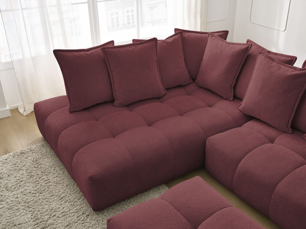 Bobochic Everest Ecksofa mit Schlaffunktion und Bettkasten und Pouf 320 × 212 cm, 10 Kissen Melange-Stoff Rot Ecke links