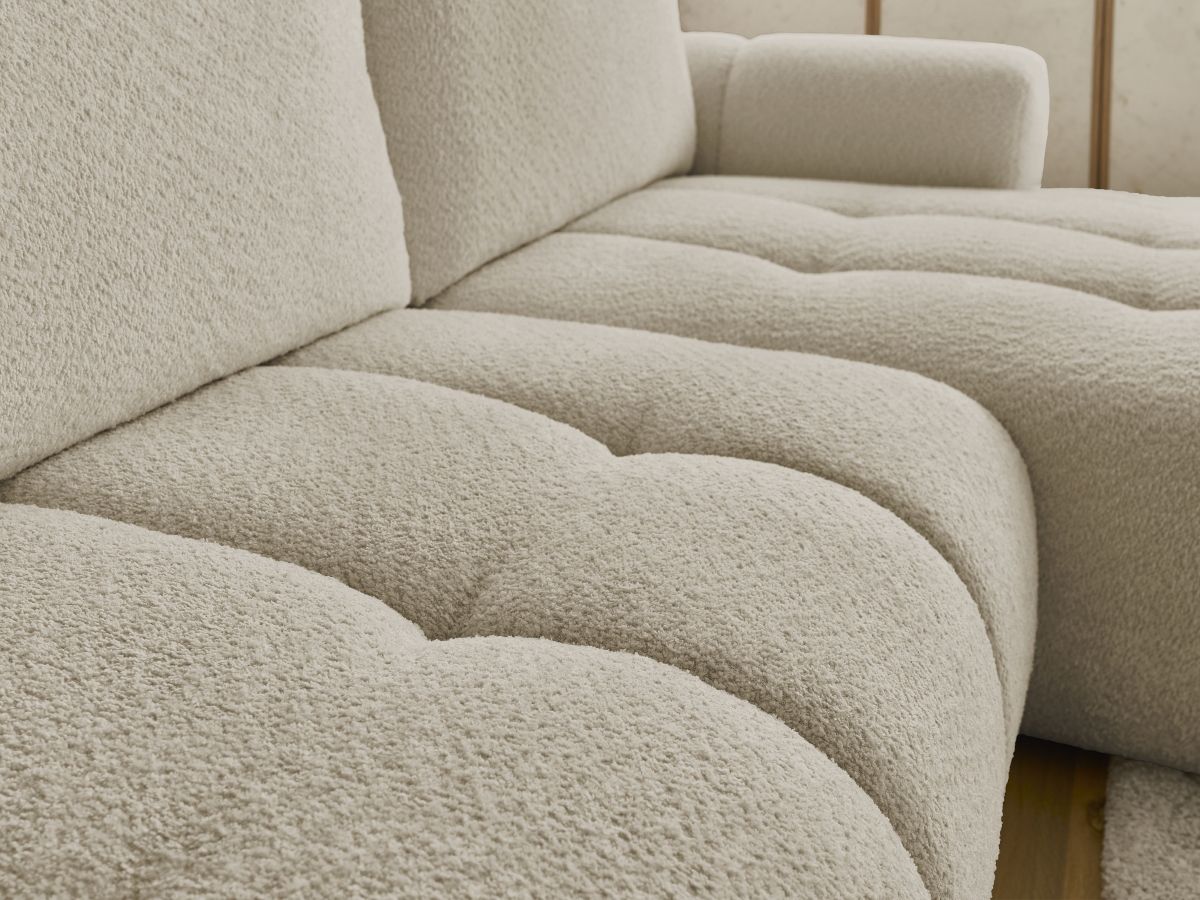 Bobochic Fuji Ecksofa mit Schlaffunktion und Bettkasten und Pouf 292 × 160 cm Bouclé-Stoff Beige Ecke rechts