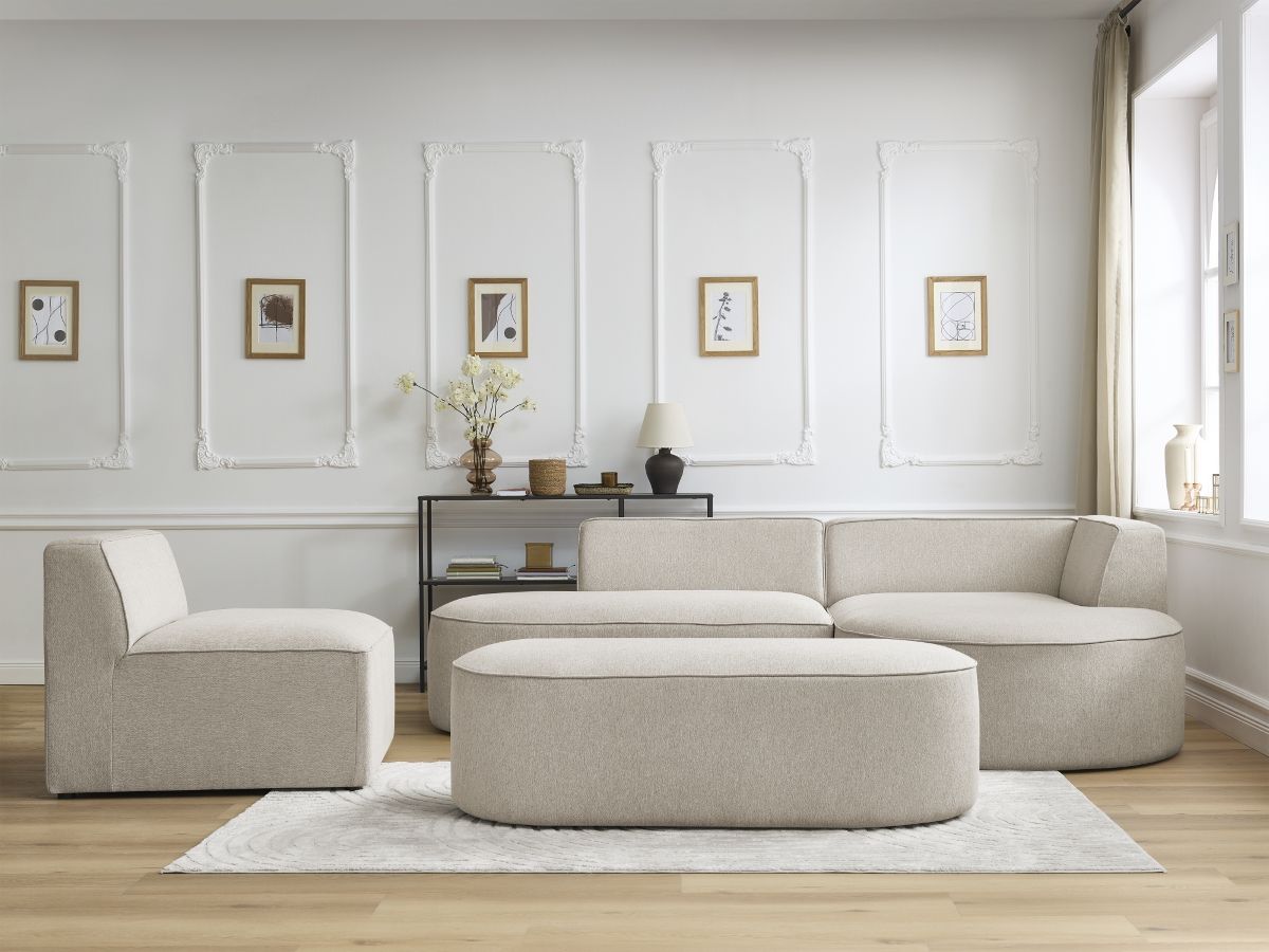 Bobochic Rousseau Ecksofa mit Sofamodul und Pouf Melange-Stoff Beige Ecke rechts