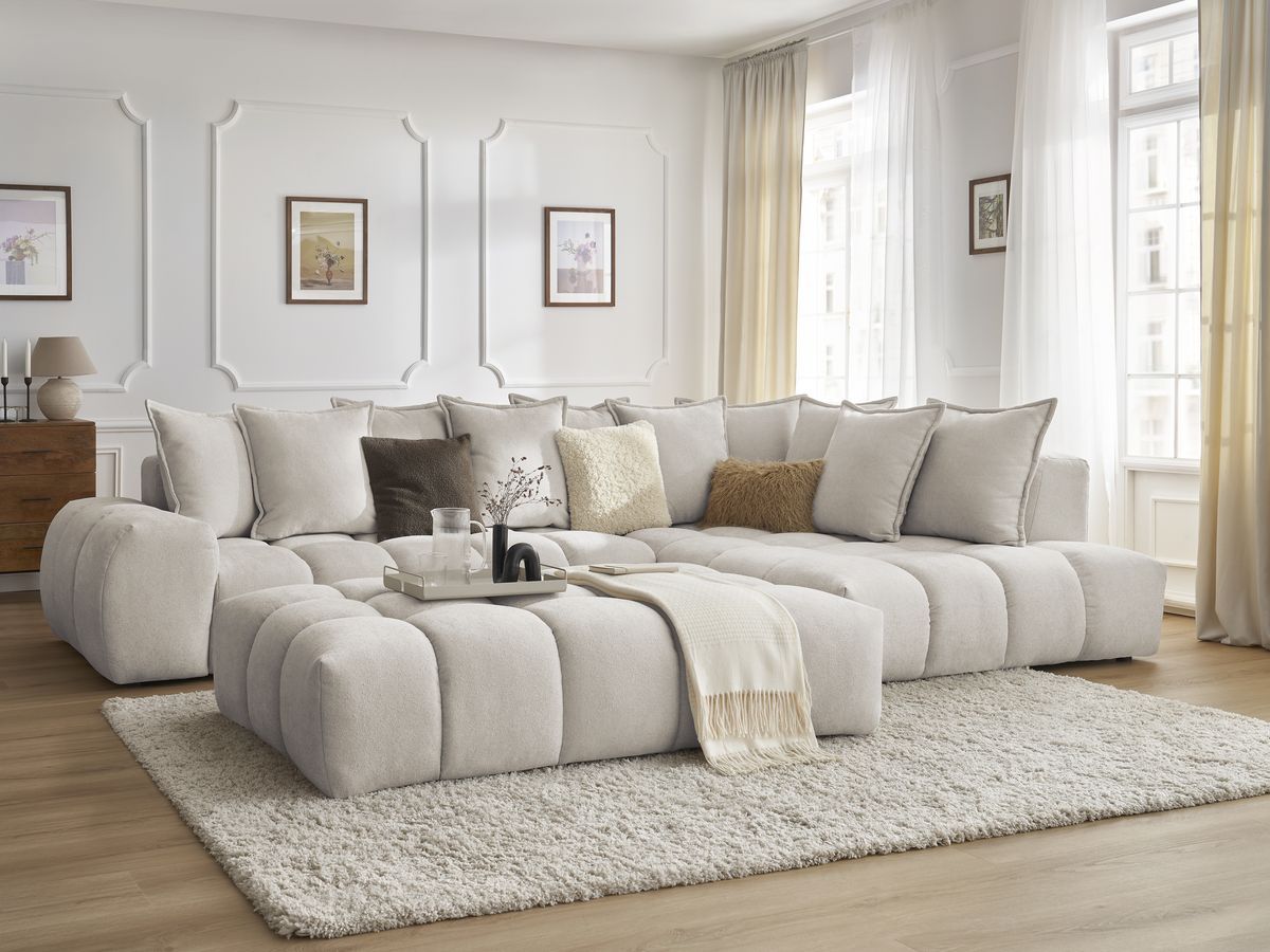Bobochic Everest Ecksofa mit Schlaffunktion und Pouf, 10 Kissen Strukturstoff Beige Ecke rechts