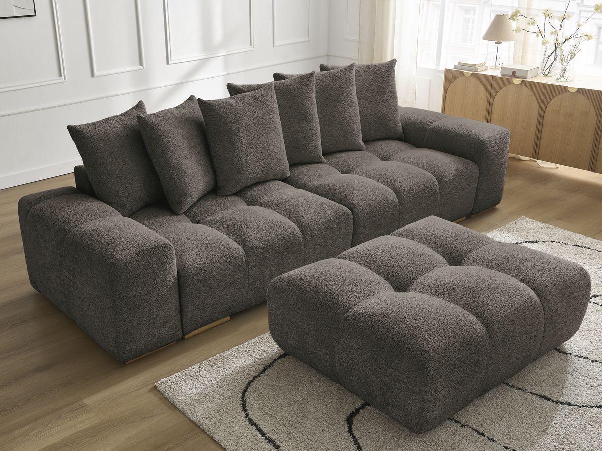 Bobochic Anakin Sofa 3-Sitzer mit Pouf, 6 Kissen Bouclé-Stoff Braun