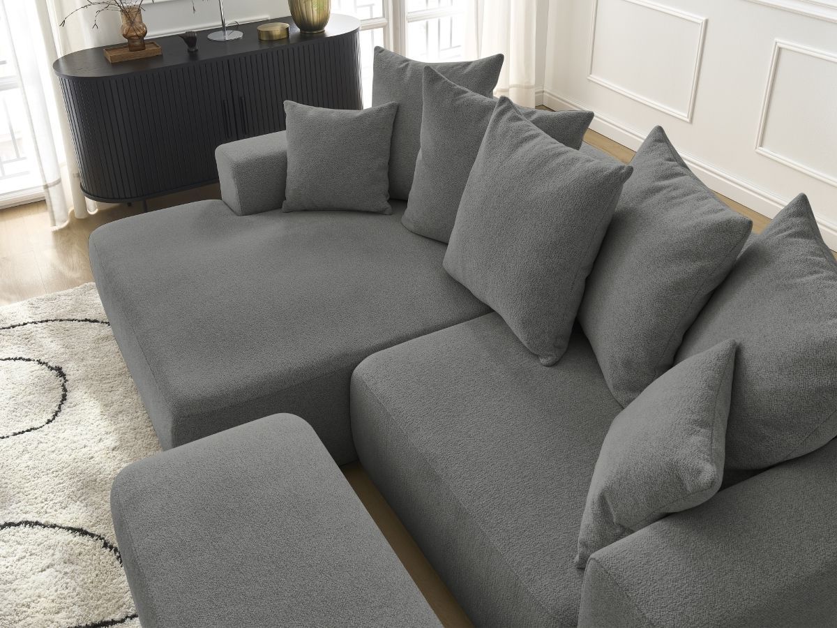 Bobochic Atilla Ecksofa mit Schlaffunktion und Bettkasten und Pouf Melange-Stoff Dunkelgrau Ecke links