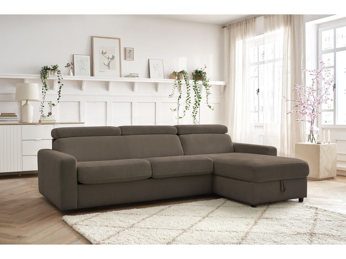 Bobochic Monaco Ecksofa mit Schlaffunktion und Bettkasten Stoff Braun, Liegefläche 160 × 190 cm