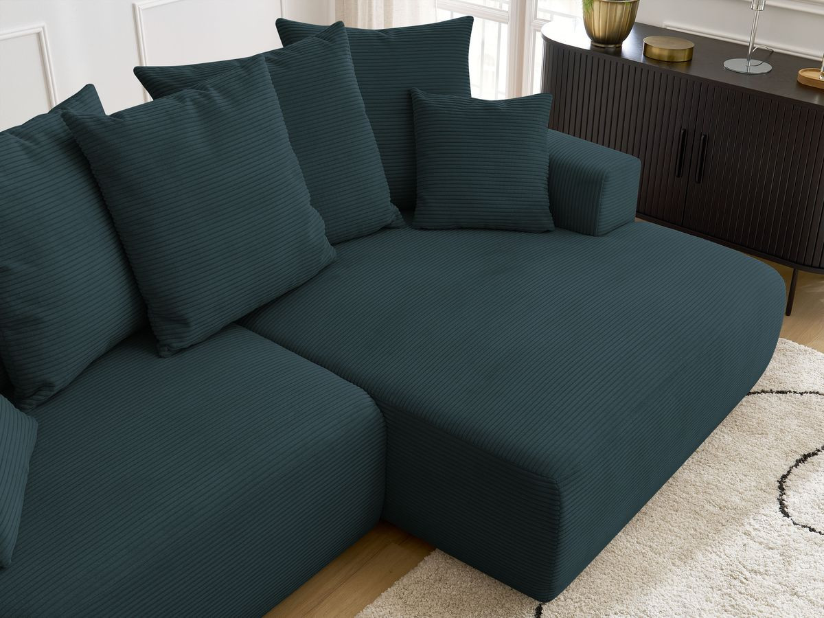Bobochic Atilla Ecksofa mit Schlaffunktion und Bettkasten Cordsamt Dunkelblau Ecke rechts