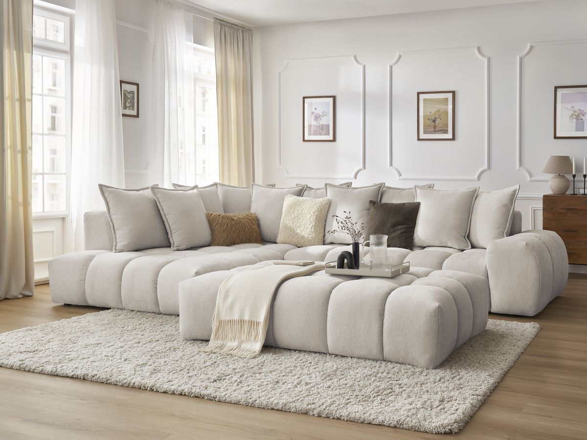 Bobochic Everest Ecksofa mit Schlaffunktion und Pouf, 10 Kissen Strukturstoff Beige Ecke links