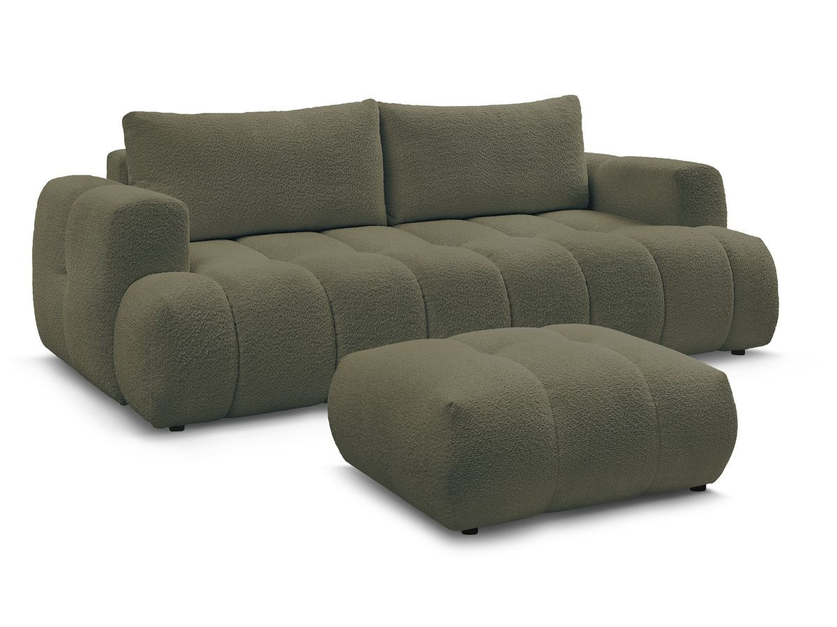 Bobochic Fuji Schlafsofa 3-Sitzer mit Bettkasten und Pouf Bouclé-Stoff Grün