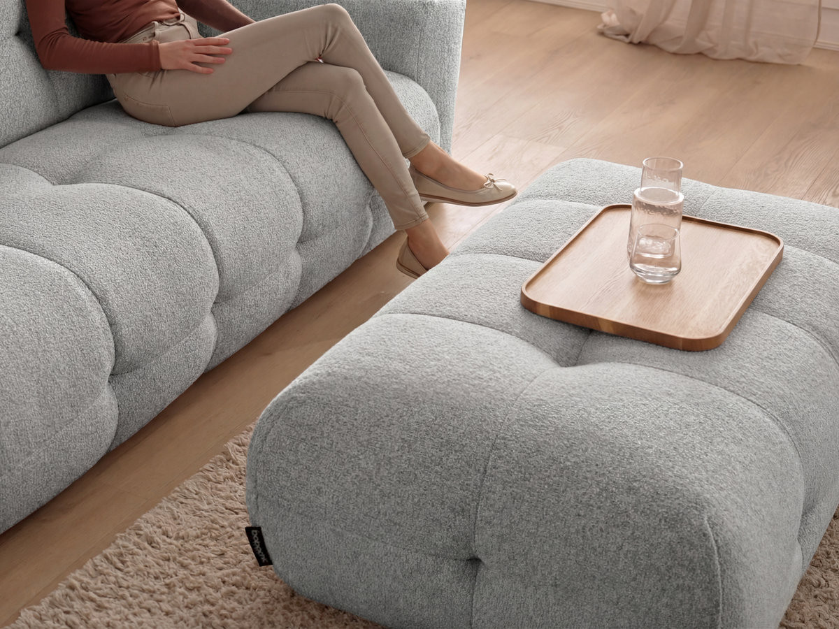 Bobochic Laura Ecksofa mit großem Pouf Melange-Stoff Hellgrau Ecke links