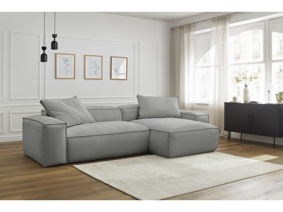 Bobochic Boheme Ecksofa, 3 Kissen Cordsamt Hellgrau